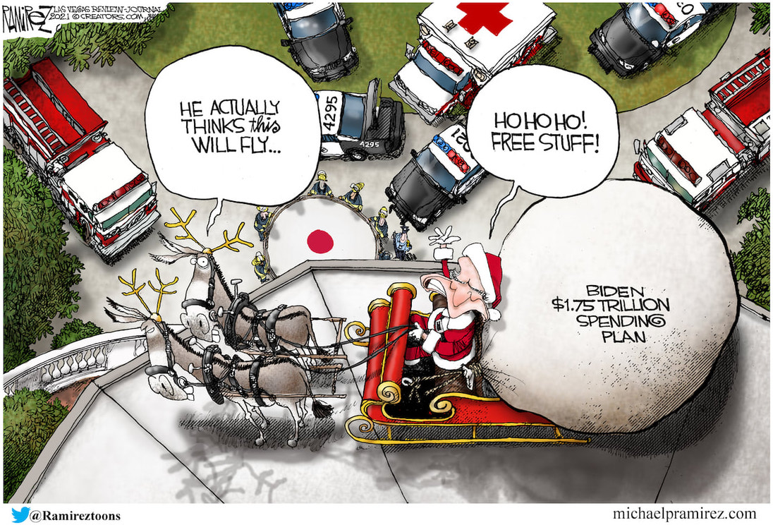cartoon showing Santa Biden in his sleigh offering free stuff to all