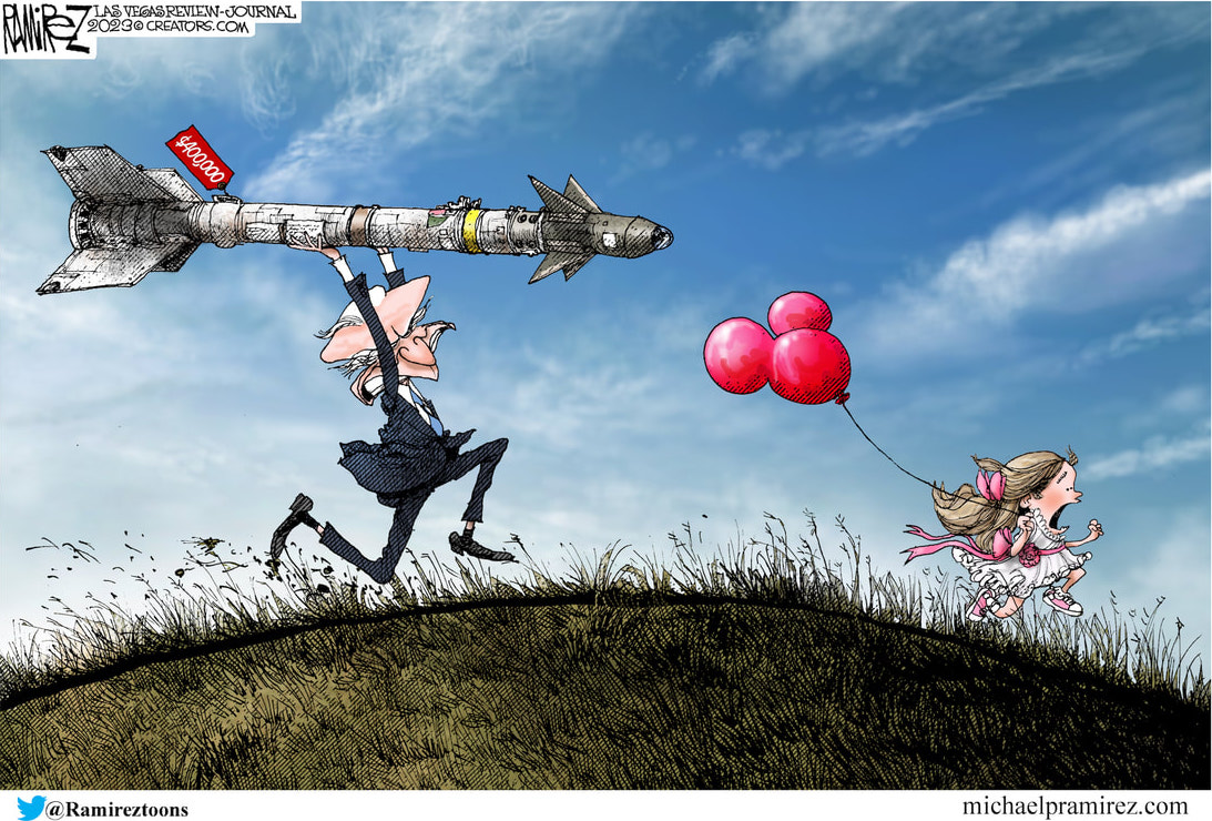 Ramirez cartoon Biden with missile chases little girl with balloon