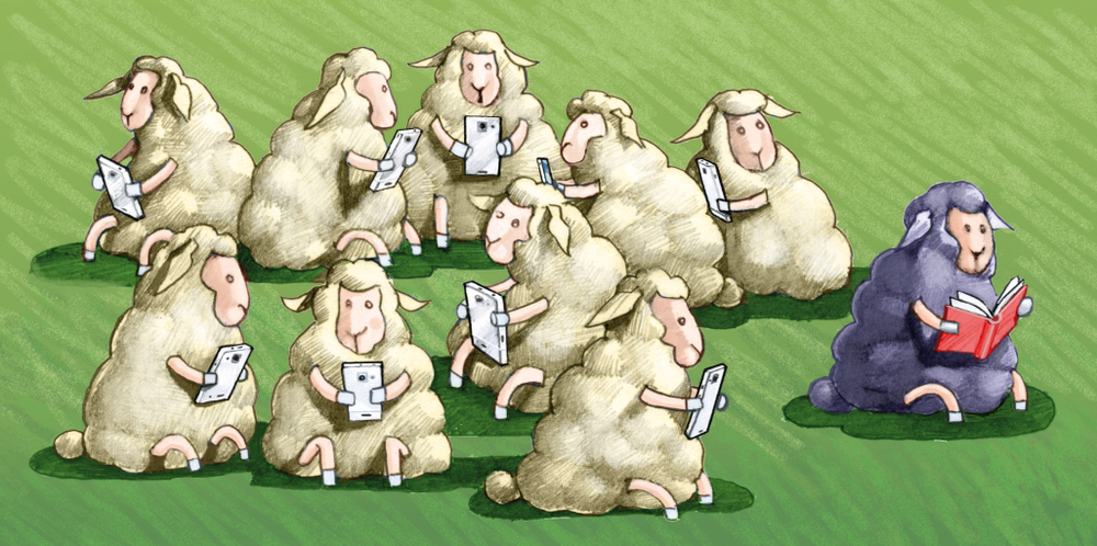 black sheep with book white sheep with ipads