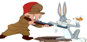 cartoon image of Elmer Fudd hunting for Bugs Bunny