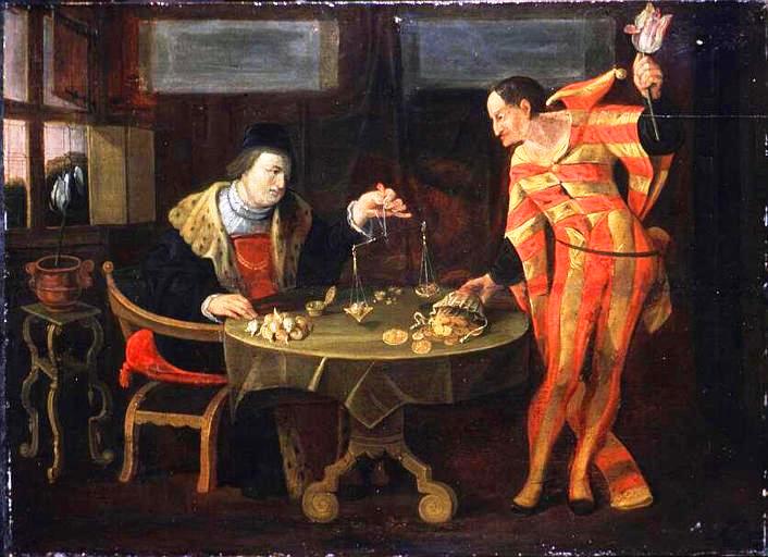antique painting of a fool trading his gold for tulip bulbs