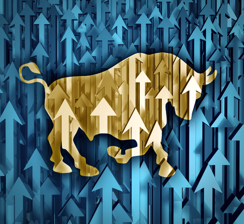 graphic image of a gold bull against blue background with arrows pointing higher