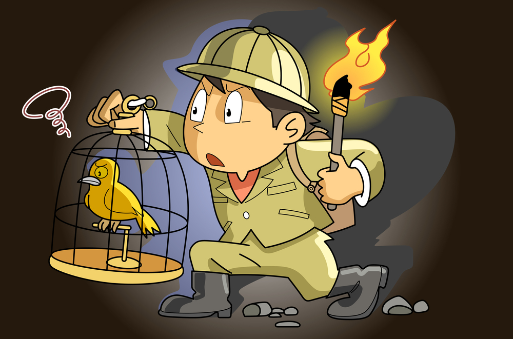 cartoon illustration of miner with canary in a coal mine