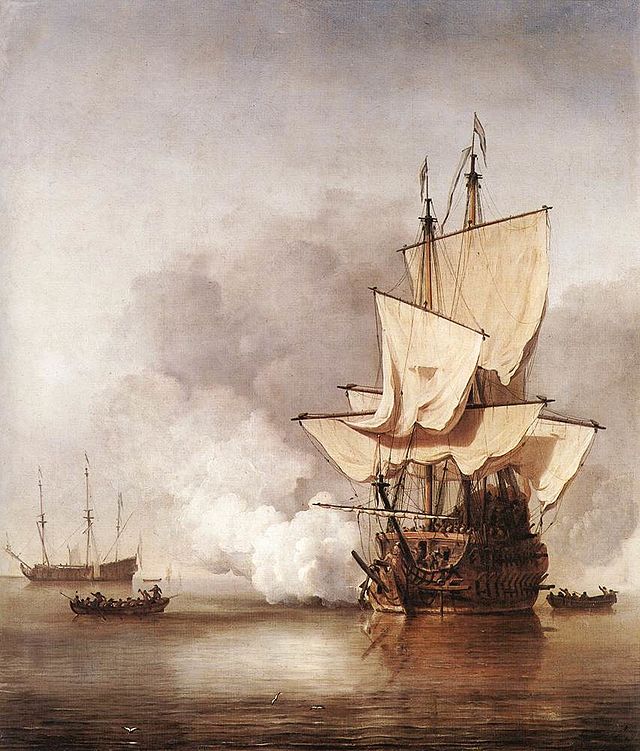 artist rendering of a cannon shot across the bow