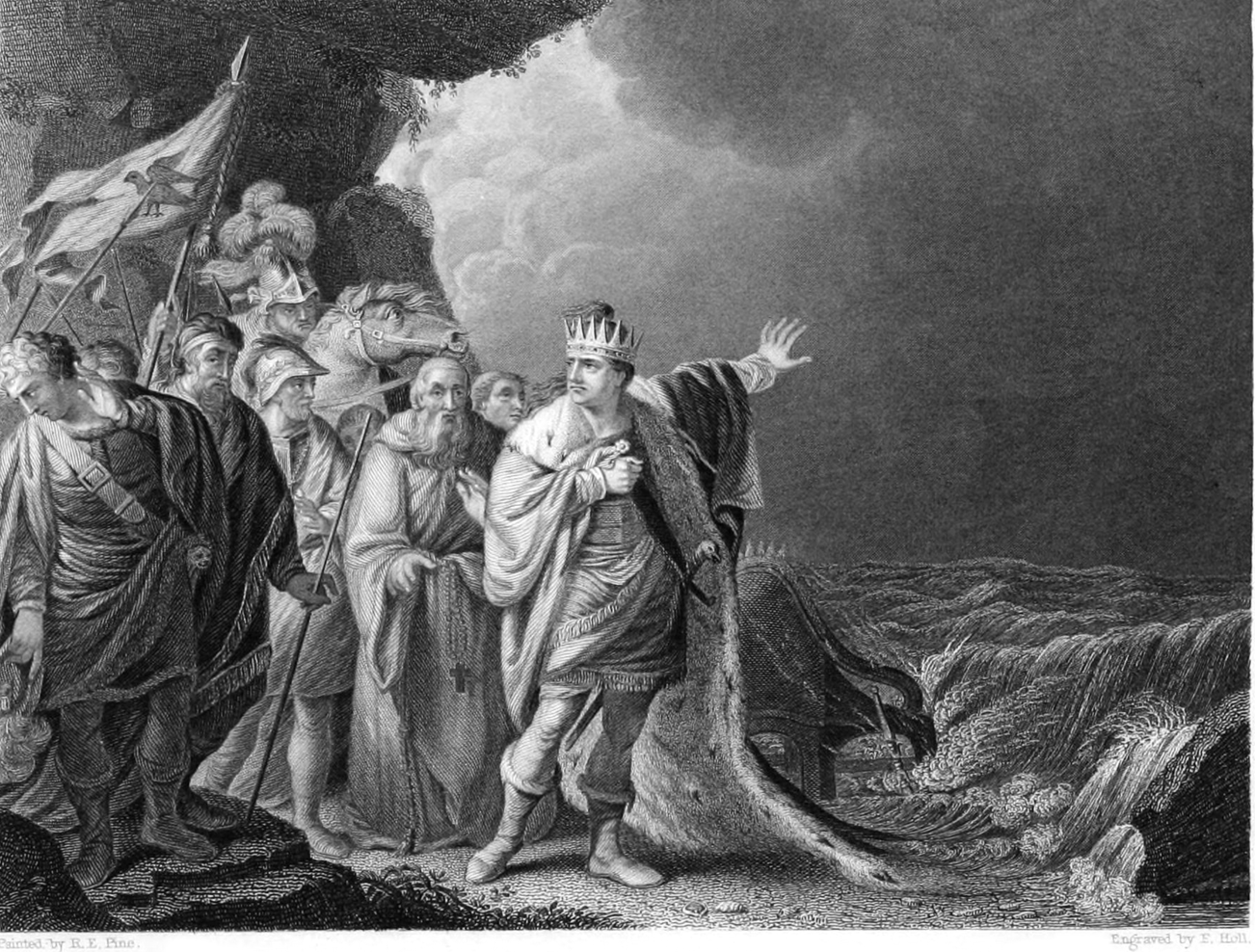 engraving from mid-19th century of Canute ordering waves to recede