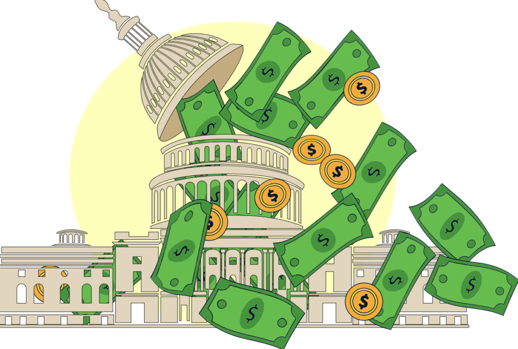 graphic illustration of US capital spewing dollars