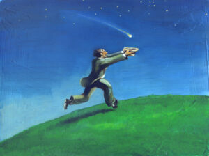 artist rendering of a man chasing a shooting star