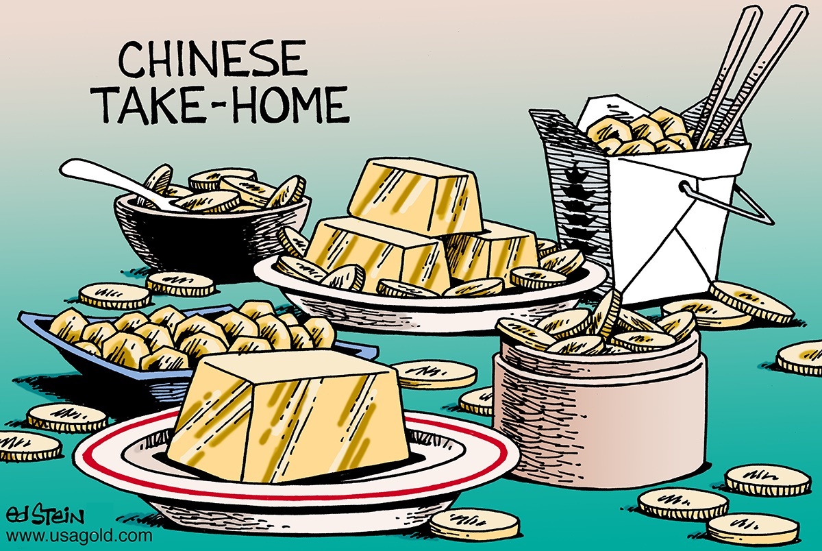 cartoon showing gold filled Chinese take home containers Ed Stein