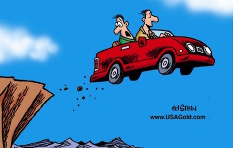 cartoon of two happy travelers driving over cliff in car
