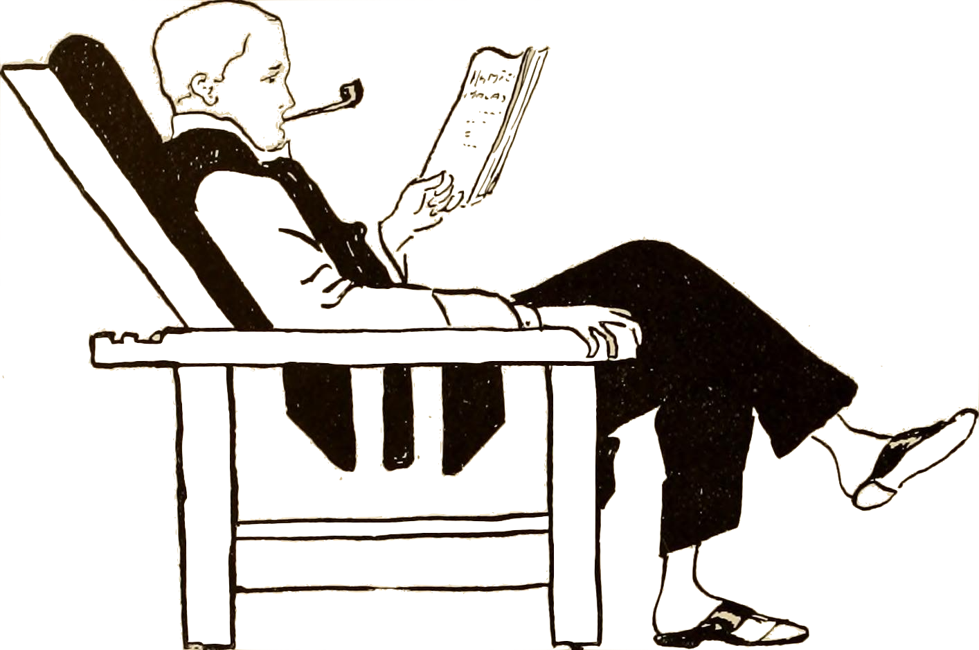 cartoon image of a complacent reader contentedly smoking his pipe reading the newspaper
