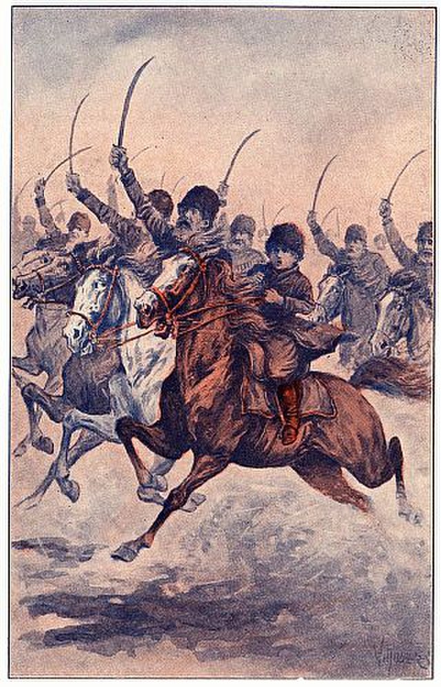 antique print of cossack warriors mounted attack