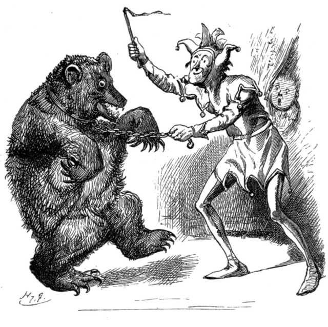 antique etching of a fool cracking the whip for a dancing bear