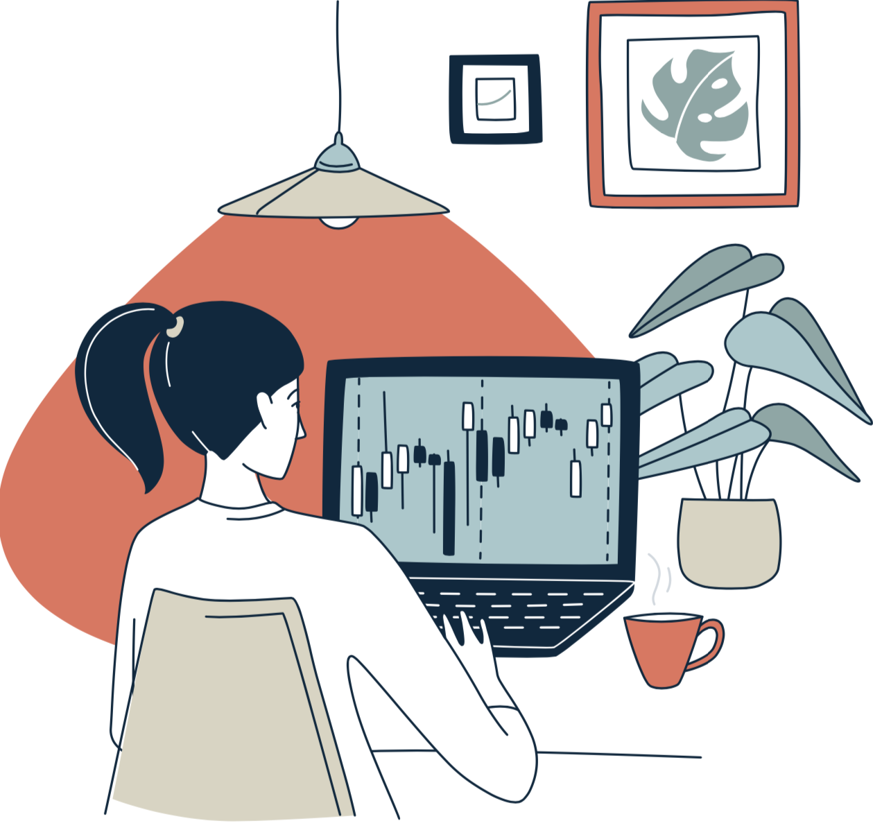 graphic of a young woman trading securities from her home computer screen