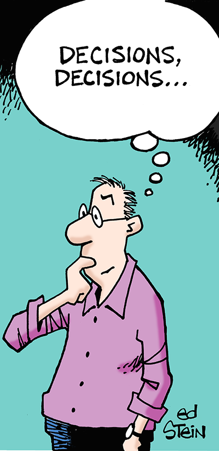 Cartoon image of investor thinking 'decisions, decisions . . ."