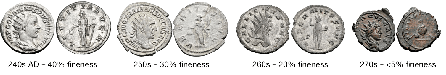 photo essay showing the decline in precious metal content for Roman silver coinage 240-270AD