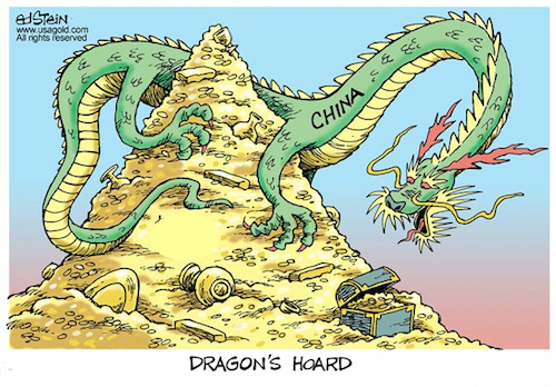 Ed Stein Cartoon of dragon atop gold hoard captioned Dragon's Hoard