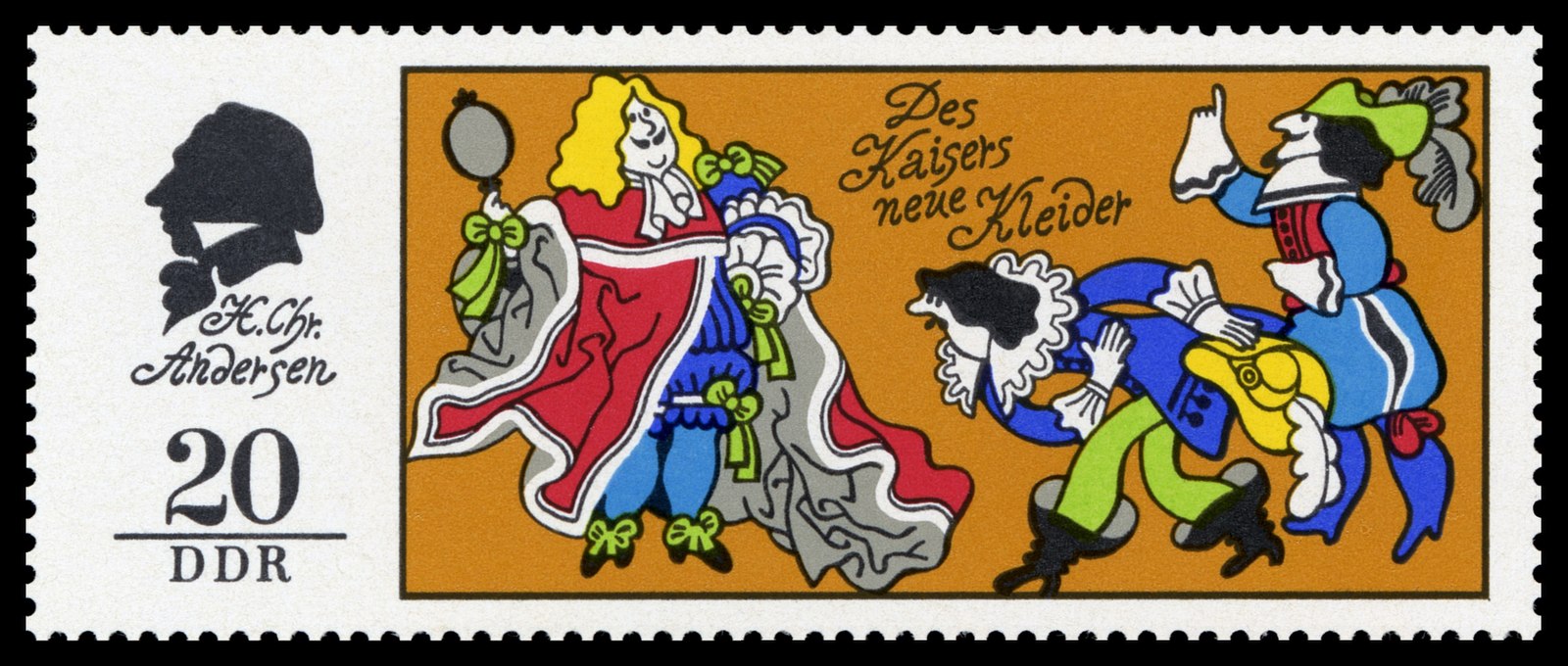 German stamp depicting the emperor's new clothes from the Hans Christian Anderson story