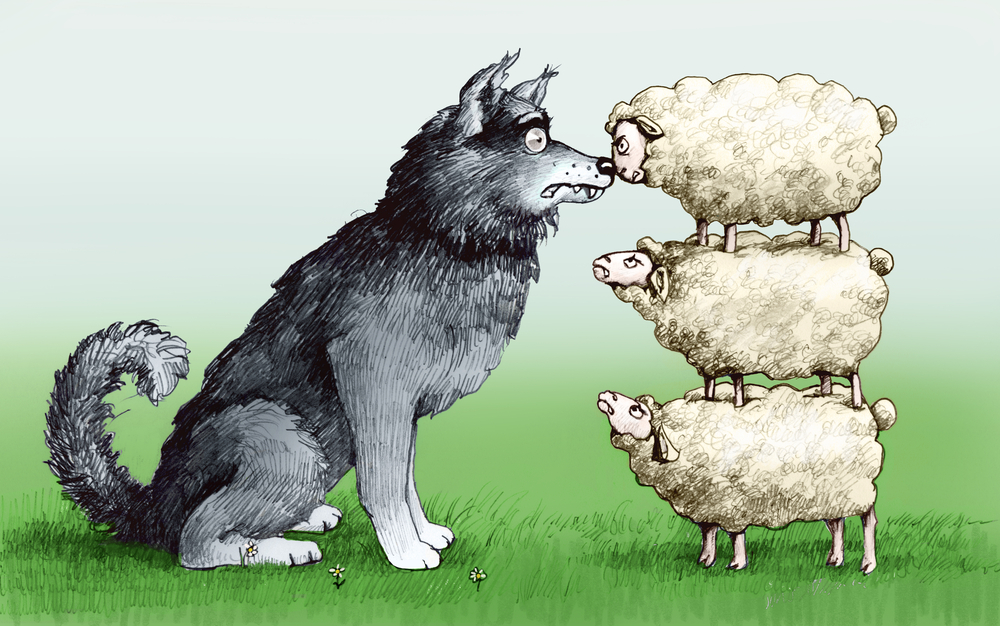 graphci image of sheep standing atop each other to face down wolf