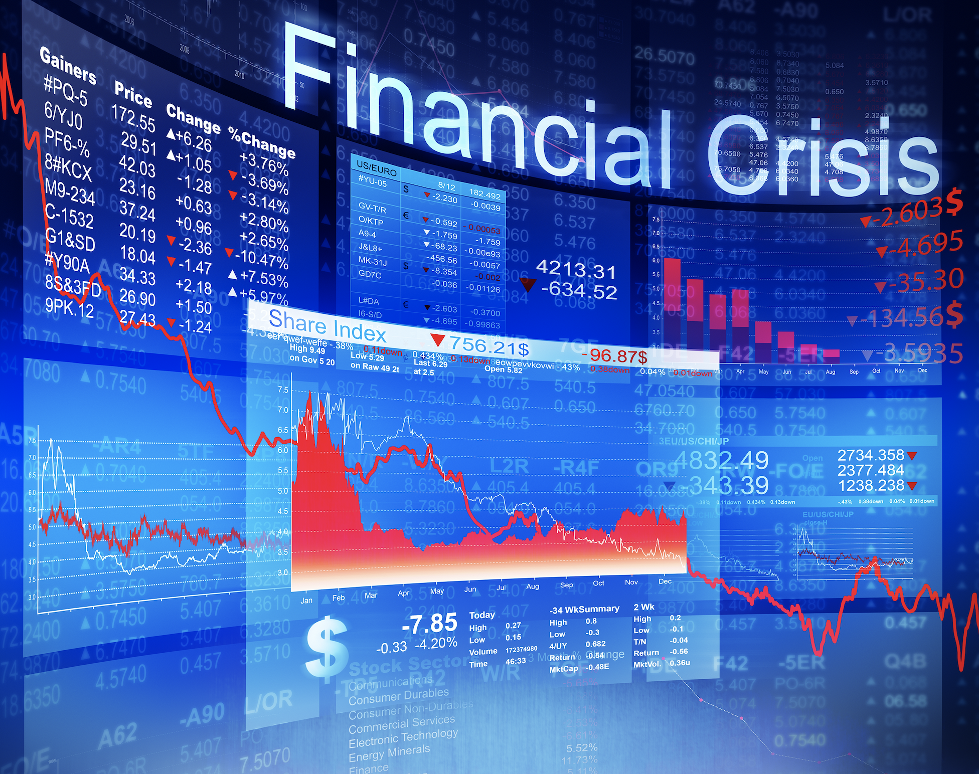 graphic image bank of trading terminals descending trend line words financial crash