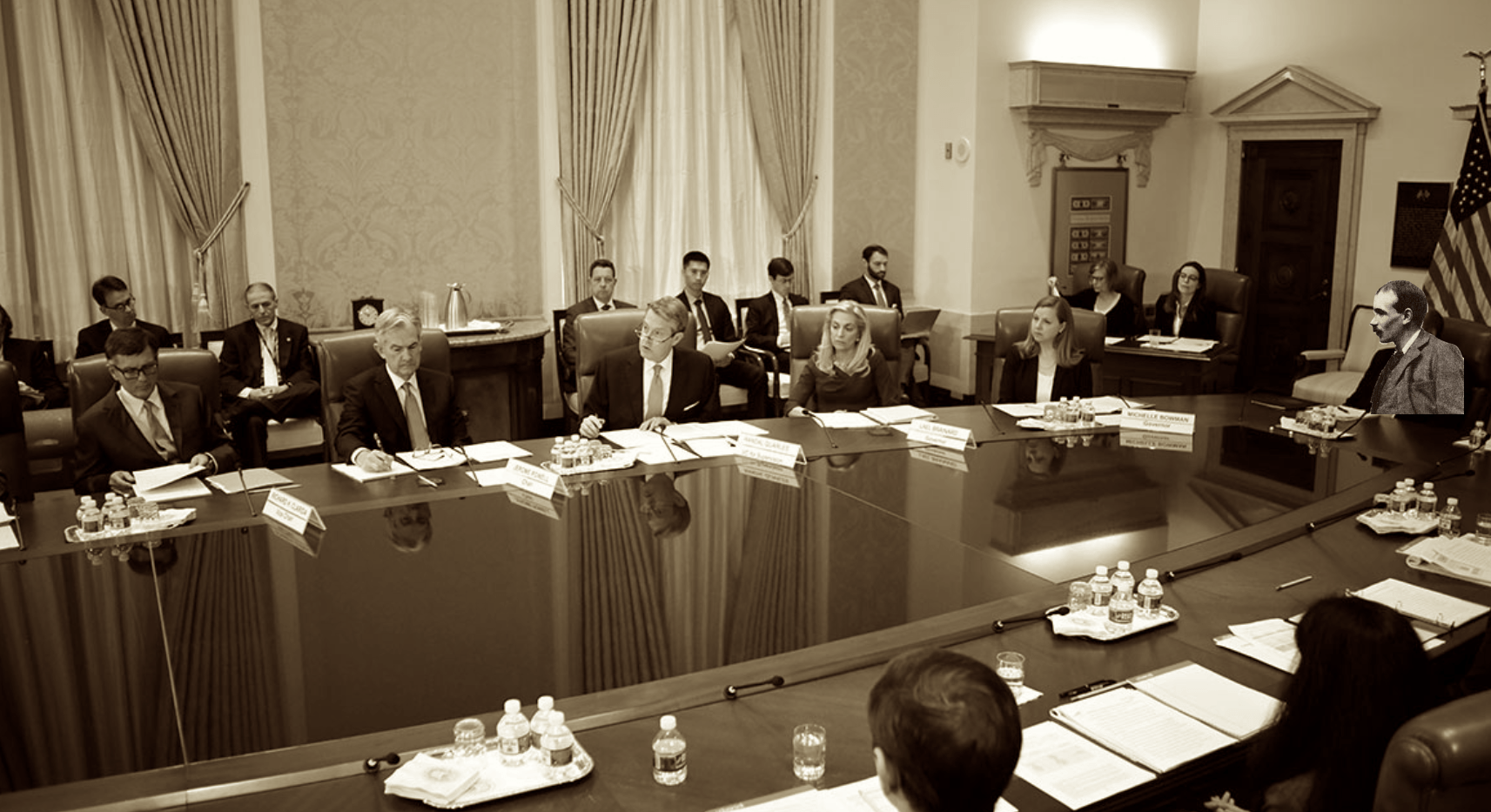 photo showing the ghost of John Maynard Keynes attending Federal Reserve Board meeting