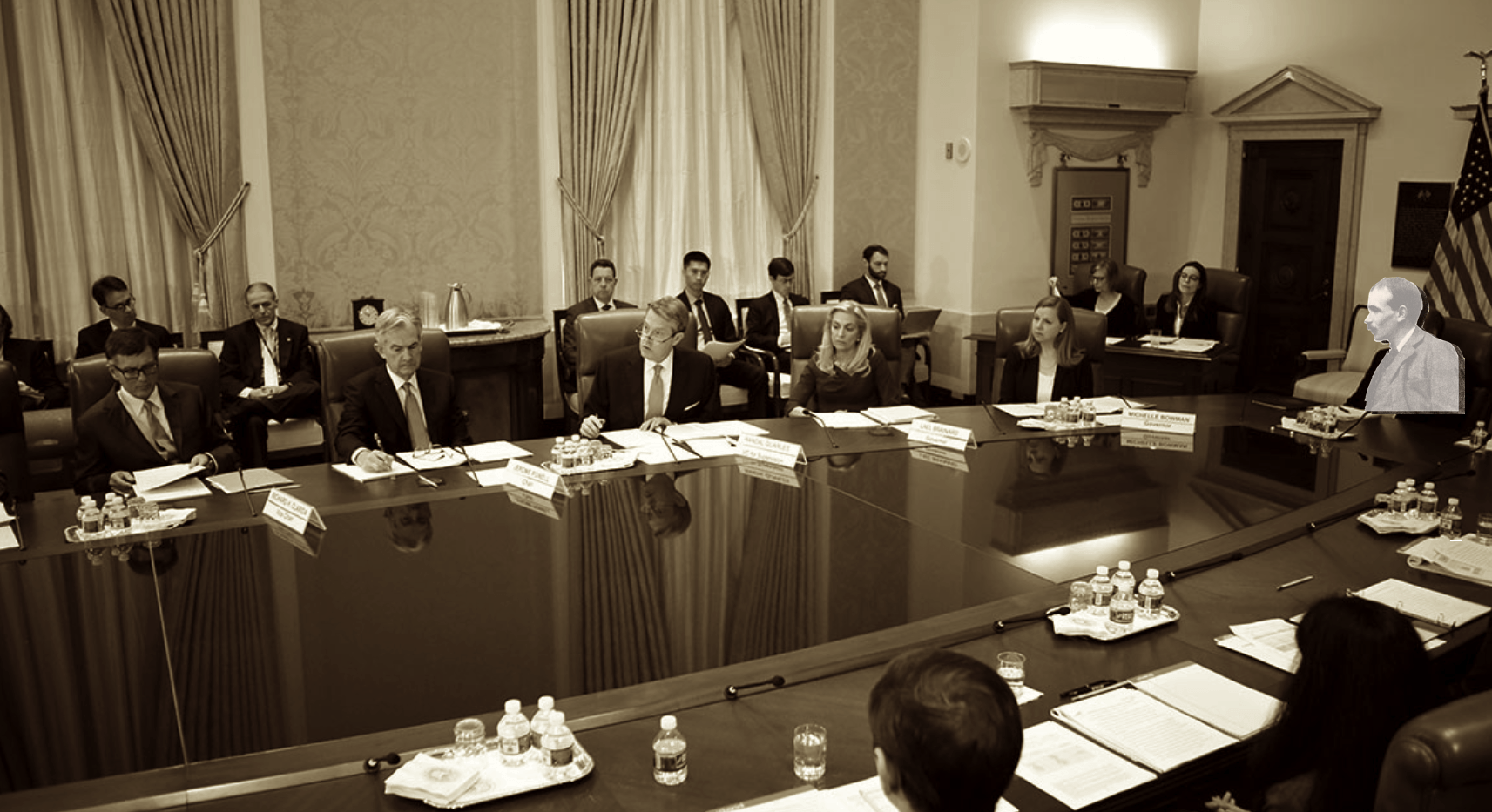 photo of Federal Reserve Board meeting Jerome Powell residing, ghost of John Maynard Keynes attending