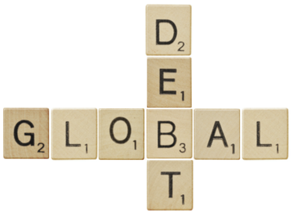 graphic image of scrabble letters spelling out global debt as on gameboard