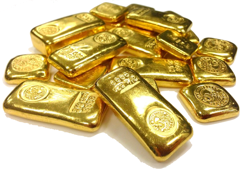 photo of scatterred gold bars against clear background