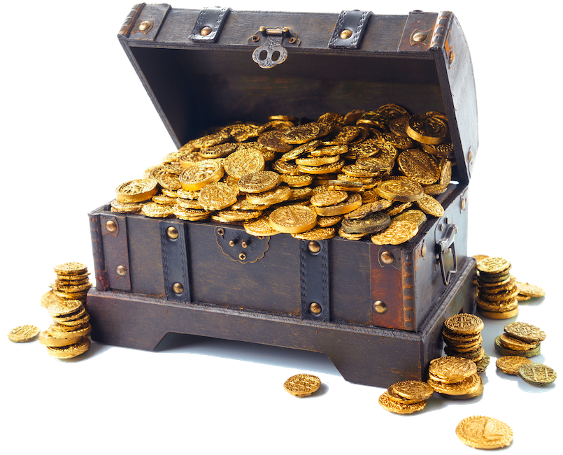 graphic image of a treasure chest full of gold doubloons