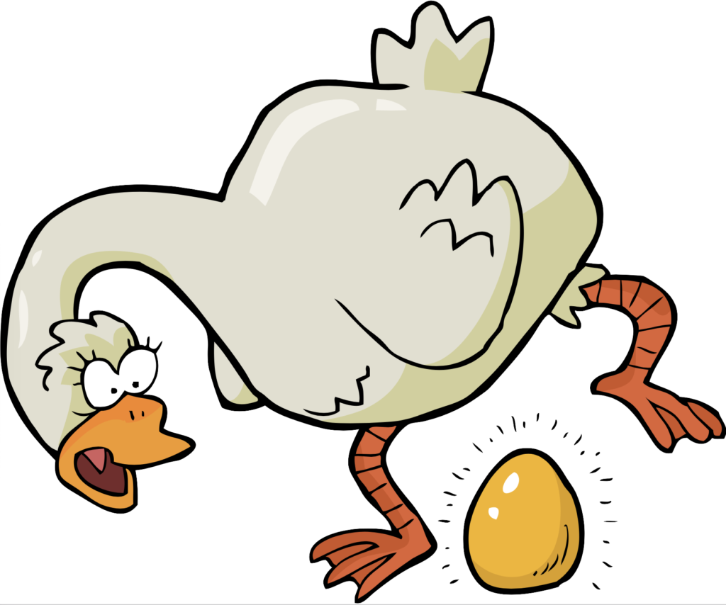 cartoon image of a surprised goosed laying a golden egg