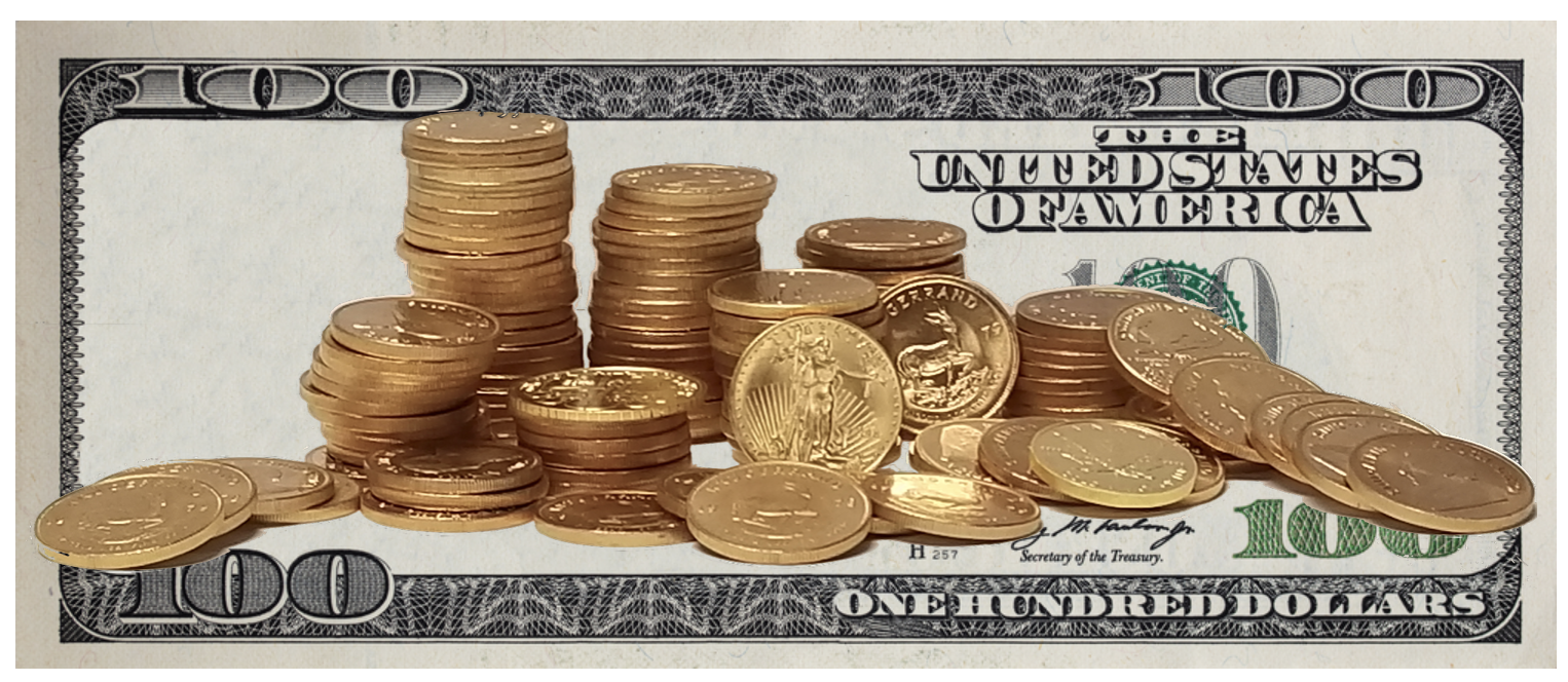 graphic overlay showing a 100 dollar bill and stacks of gold coins