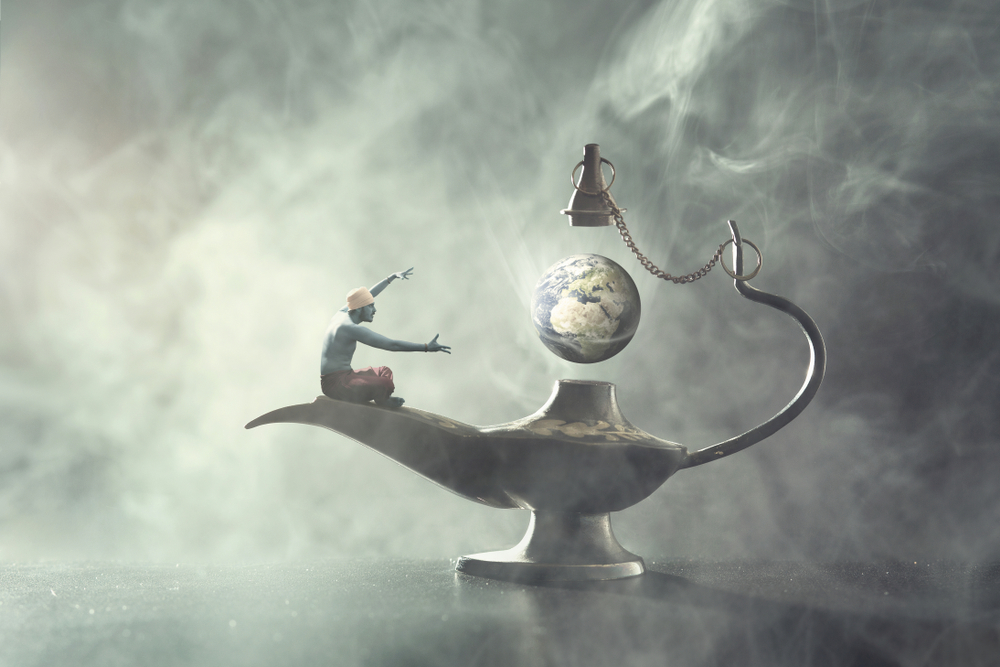 illustration of a genie out of the bottle commanding the world