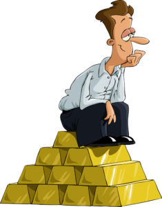 graphic of a satisfied investor sitting atop a pile of gold bars