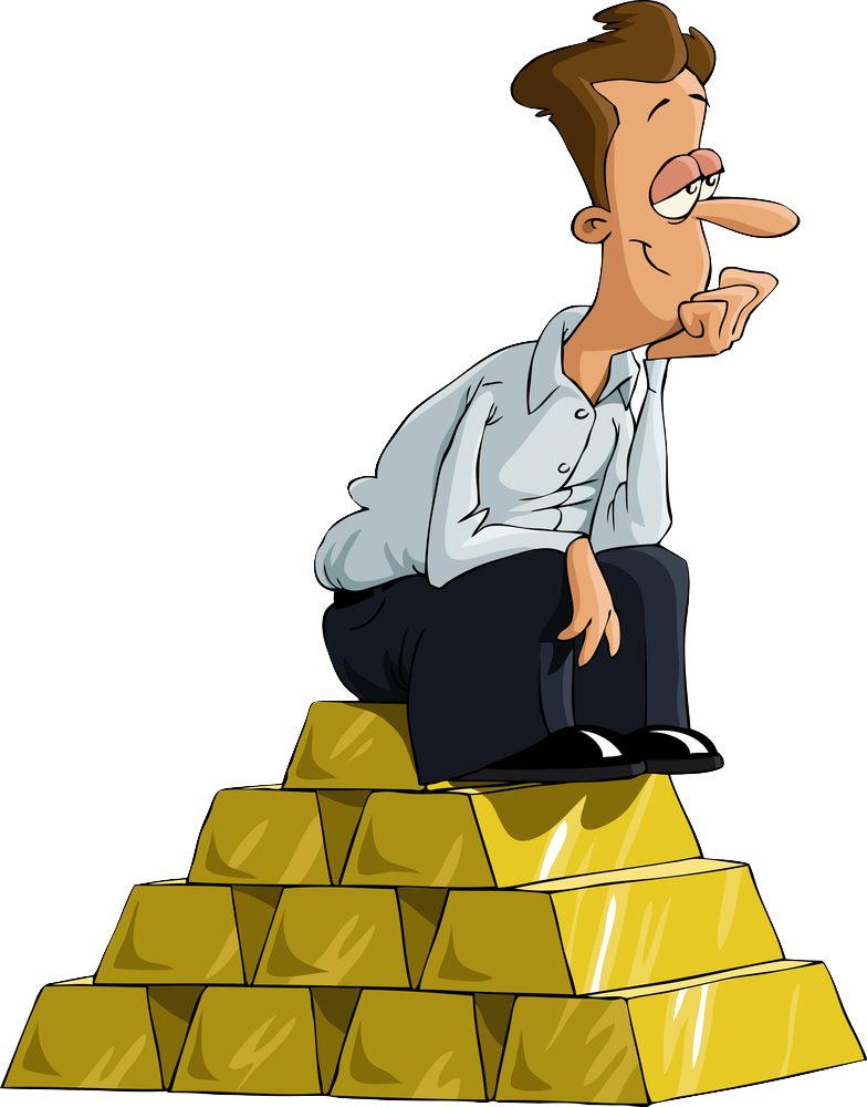 graphic of a satisfied investor sitting atop a pile of gold bars