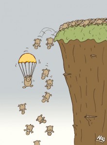 cartoon of lemming going over a cliff, one has a gold parachute