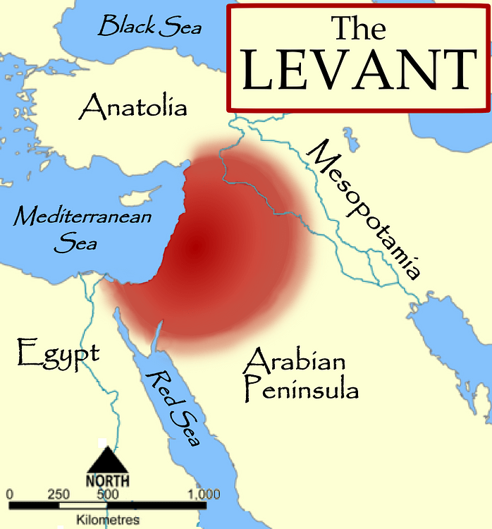 map showing the Levant present day Israel, Jordan, Lebanon and Syria
