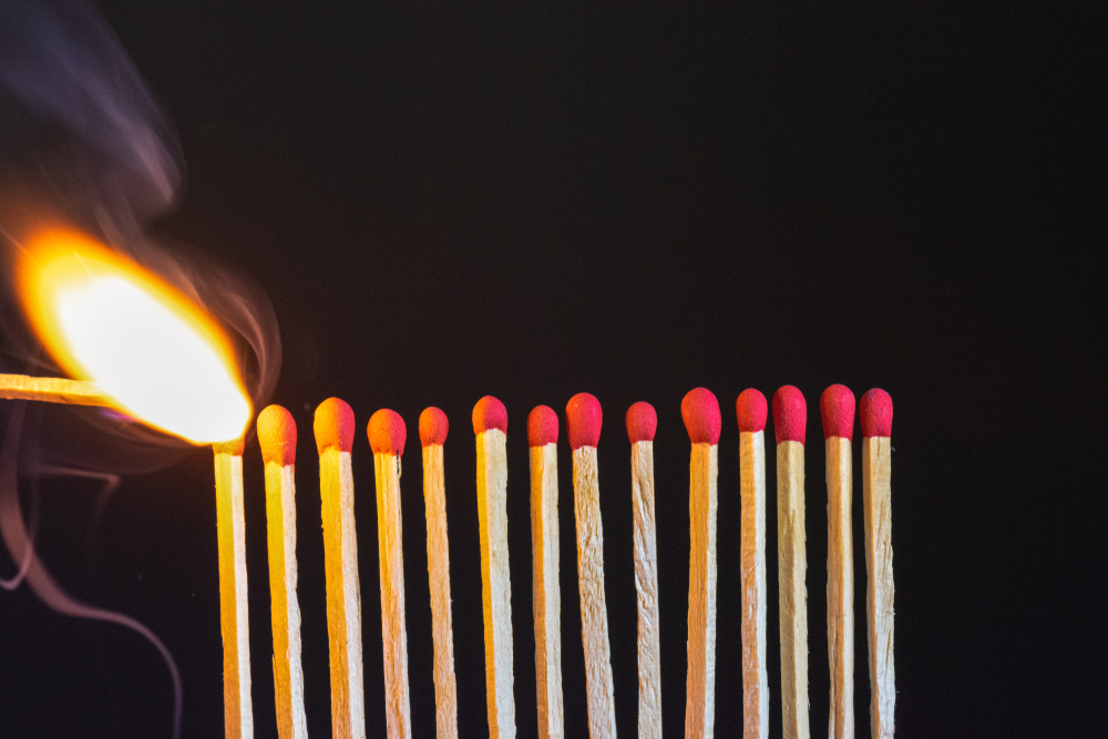 photo showing a row of matches about to catch fire