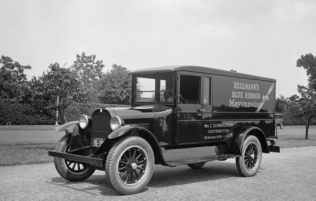black and white photo of a hellman's mayonnaise truck