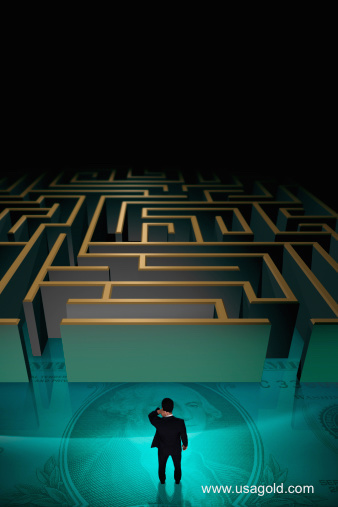 grapic image of an investor standing before the entrance to a maze