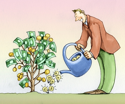 cartoon image of a man watering gold coin-money tree with ideas