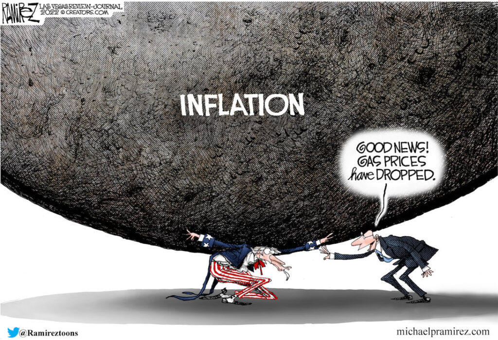 cartoon showing Uncle Sam bearing the burden of crushing inflation