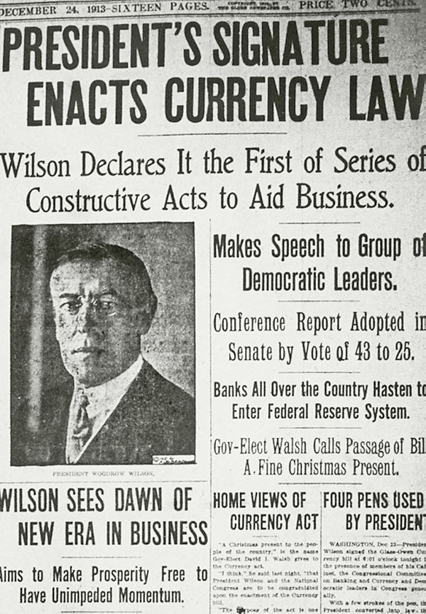 photo of newspaper clipping 1913 establishment of the Fed under Wilson