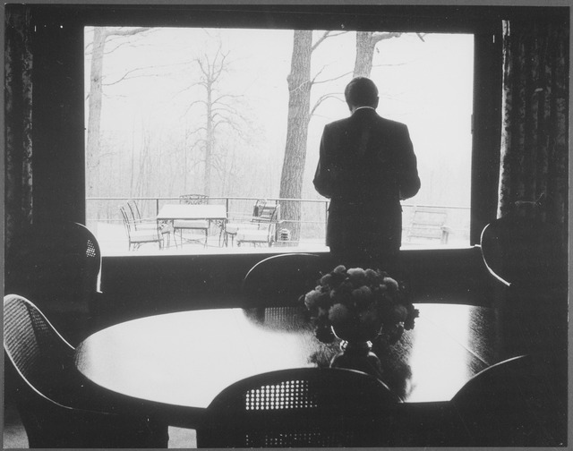 black and white photograph of Richard Nixon at Camp David