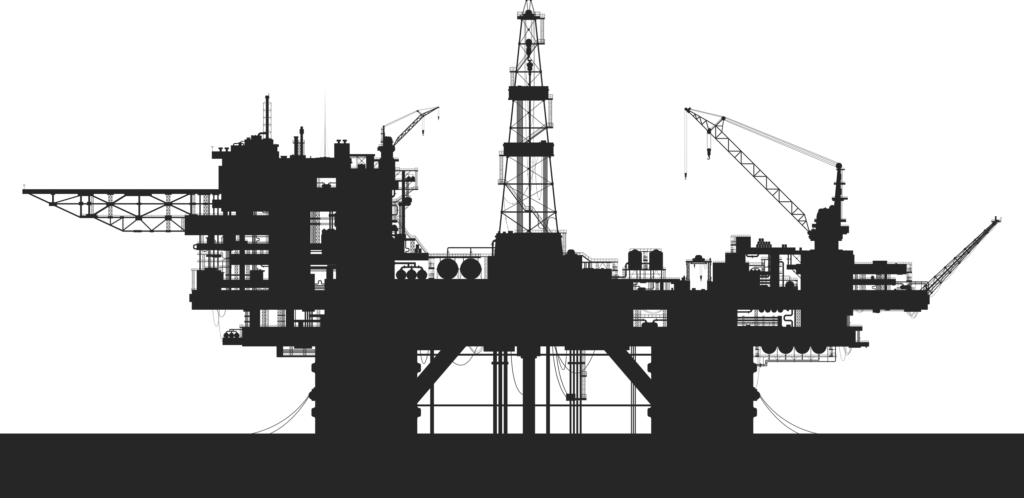 artist rendering of oil platform in black and white