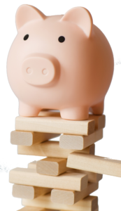 graphic image of a piggy bank atop a jenga about to collapse