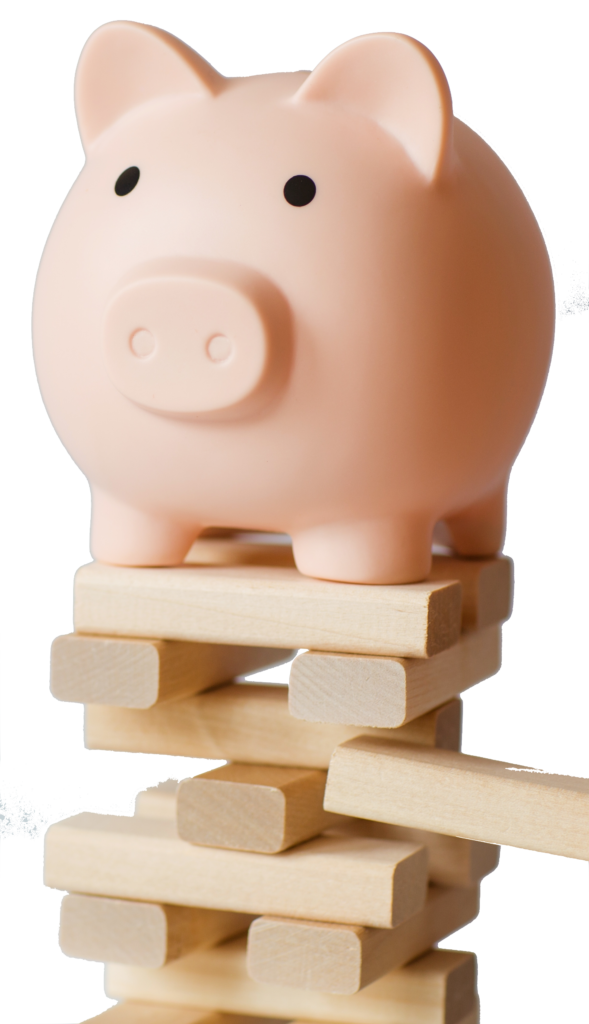 graphic image of a piggy bank atop a jenga about to collapse