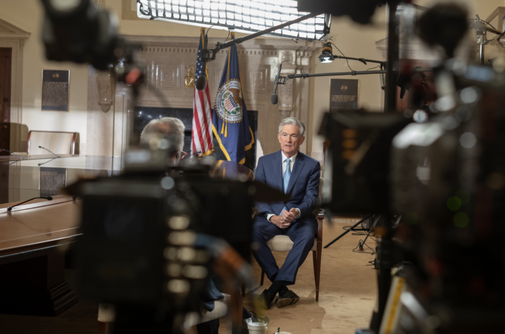 photgraph of Fed chairman Powell being interviewed for 60 Minutes