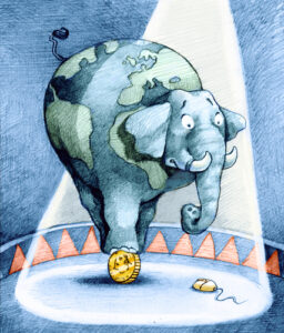 cartoon image of an elephant balance on a gold coin