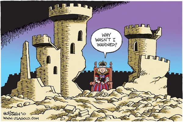 cartoon showing the queen amidst the rubble asking why wasn't I warned?