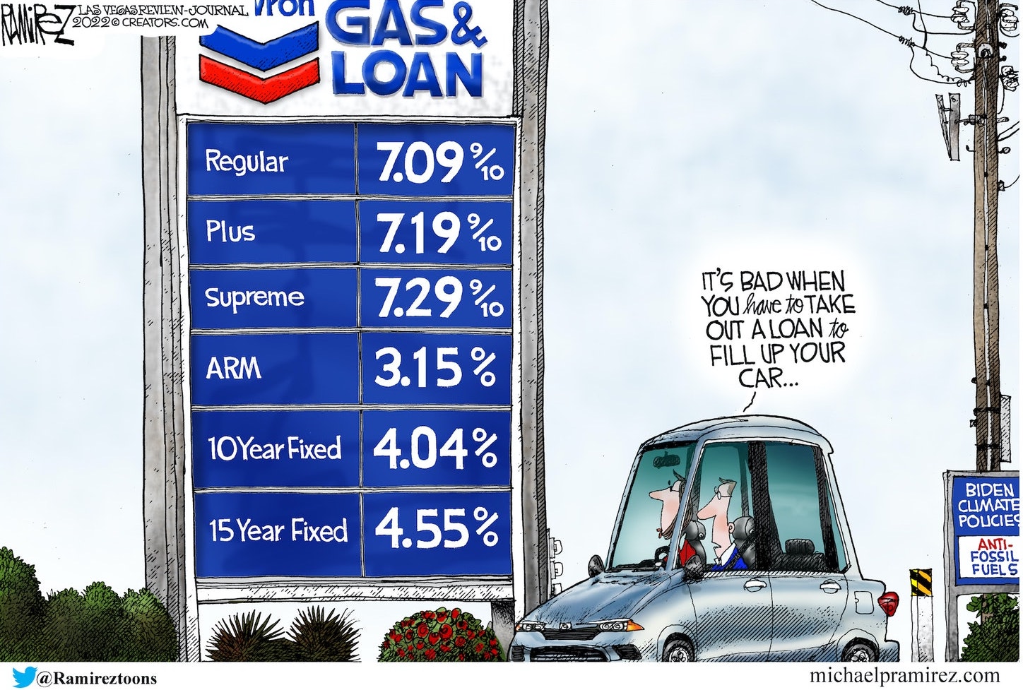 ramirez cartoon showing the impact of inflation higher gas prices onn consumers
