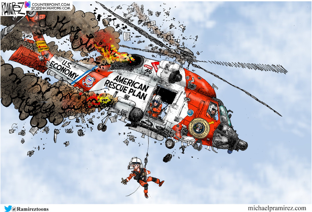 ramirez cartoon on the crashing U.S. economy under the American rescue plan